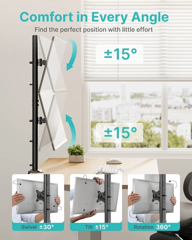 Alt view image 4 of 7 - Vertical Dual Monitor Mount for 1734 Inch Screens, 33 lbs per Arm, Stacked Monitor Stand, 33.1" Extra Tall Pole, Full Motion Height Adjustable Mount, 75/100 VESA, Clamp & Grommet