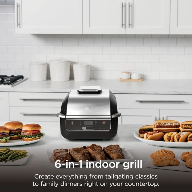 Alt view image 4 of 7 - Ninja Foodi 6-in-1 Indoor Grill & Air Fryer, 500°F, Black/Silver, Cyclonic Grilling, 500°F Surround Searing for char-grilled marks, virtually smoke-free. 6-in-1: Grill, Air Fry, Roast & more.