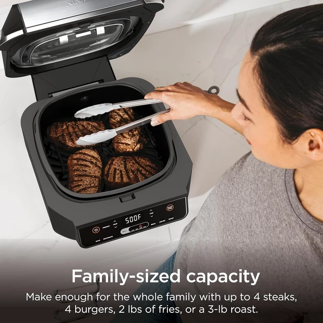 Alt view image 5 of 7 - Ninja Foodi 6-in-1 Indoor Grill & Air Fryer, 500°F, Black/Silver, Cyclonic Grilling, 500°F Surround Searing for char-grilled marks, virtually smoke-free. 6-in-1: Grill, Air Fry, Roast & more.