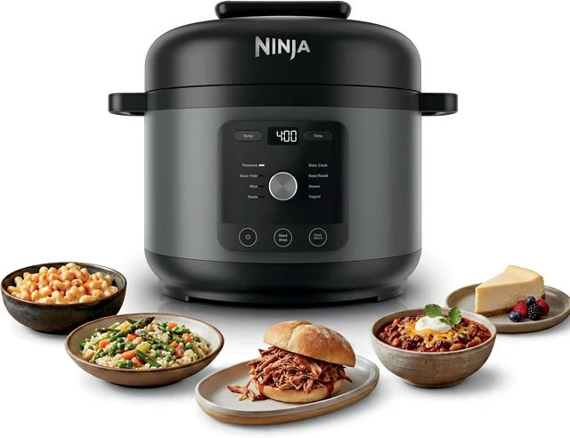 Main image of Ninja HyperHeat 9-in-1 Pressure Cooker, 6.5-qt, Dark Gray, Cooks 2X faster, Sear, Sauté, Slow Cook, Steam, Sous Vide & Yogurt, 1200W, PFAS-free, removable SimpliServe pot for serving.