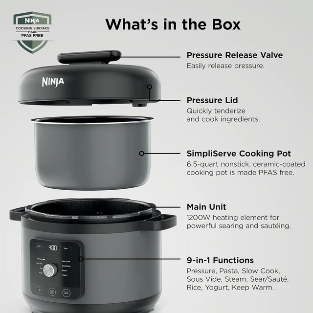 Alt view image 5 of 7 - Ninja HyperHeat 9-in-1 Pressure Cooker, 6.5-qt, Dark Gray, Cooks 2X faster, Sear, Sauté, Slow Cook, Steam, Sous Vide & Yogurt, 1200W, PFAS-free, removable SimpliServe pot for serving.