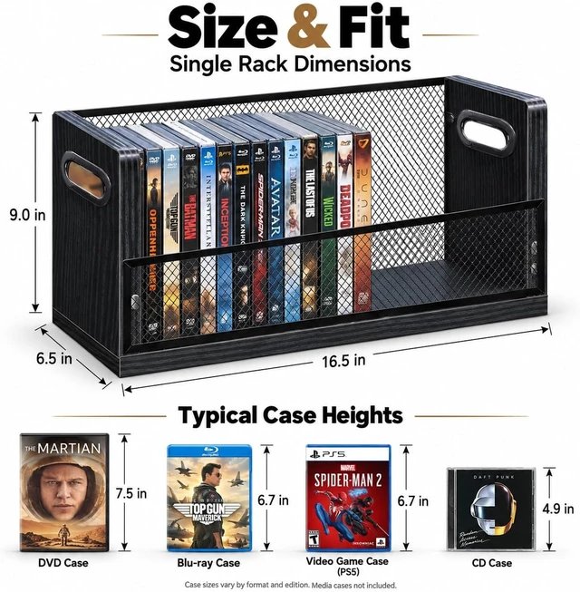 Alt view image 4 of 7 - DVD Blu ray Storage Rack, DVD Shelf Holds Up To 28 DVD Cases, Stackable Wood & Metal DVD Tower with Magnetic Opening Door for Easy Access, Desktop Organizer for CDs, Video Game, VHS Tapes