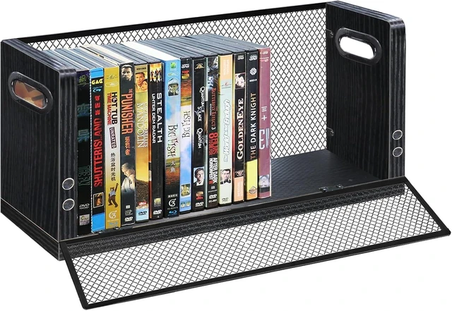 Main image of DVD Blu ray Storage Rack, DVD Shelf Holds Up To 28 DVD Cases, Stackable Wood & Metal DVD Tower with Magnetic Opening Door for Easy Access, Desktop Organizer for CDs, Video Game, VHS Tapes