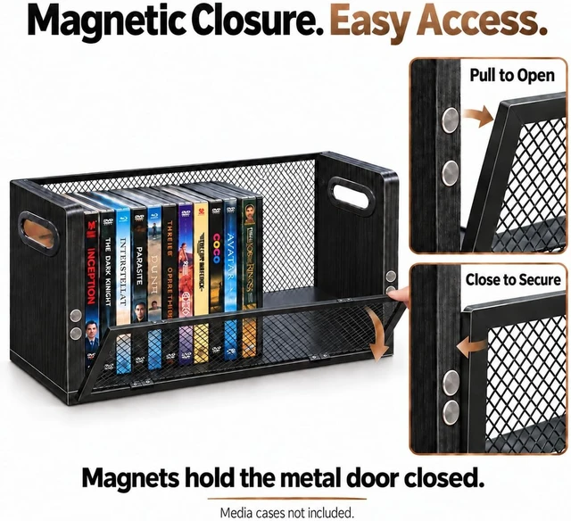 Alt view image 2 of 7 - DVD Blu ray Storage Rack, DVD Shelf Holds Up To 28 DVD Cases, Stackable Wood & Metal DVD Tower with Magnetic Opening Door for Easy Access, Desktop Organizer for CDs, Video Game, VHS Tapes