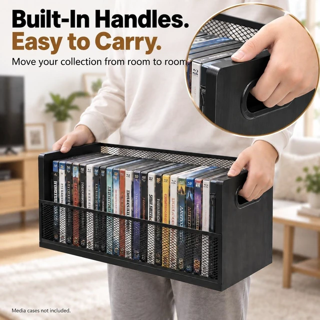 Alt view image 7 of 7 - DVD Blu ray Storage Rack, DVD Shelf Holds Up To 28 DVD Cases, Stackable Wood & Metal DVD Tower with Magnetic Opening Door for Easy Access, Desktop Organizer for CDs, Video Game, VHS Tapes