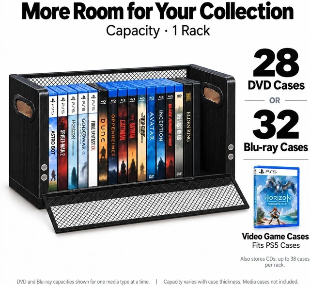 Alt view image 5 of 7 - DVD Blu ray Storage Rack, DVD Shelf Holds Up To 28 DVD Cases, Stackable Wood & Metal DVD Tower with Magnetic Opening Door for Easy Access, Desktop Organizer for CDs, Video Game, VHS Tapes