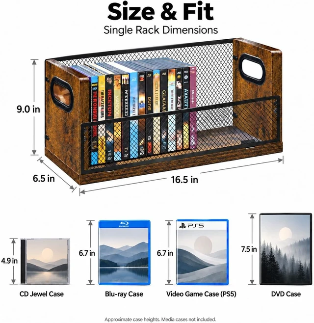 Alt view image 5 of 7 - DVD Blu ray Storage Rack, DVD Shelf Holds Up To 28 DVD Cases, Stackable Wood & Metal DVD Tower with Magnetic Opening Door for Easy Access, Desktop Organizer for CDs, Video Game, VHS Tapes Brown