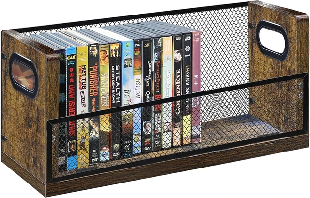 Main image of DVD Blu ray Storage Rack, DVD Shelf Holds Up To 28 DVD Cases, Stackable Wood & Metal DVD Tower with Magnetic Opening Door for Easy Access, Desktop Organizer for CDs, Video Game, VHS Tapes Brown