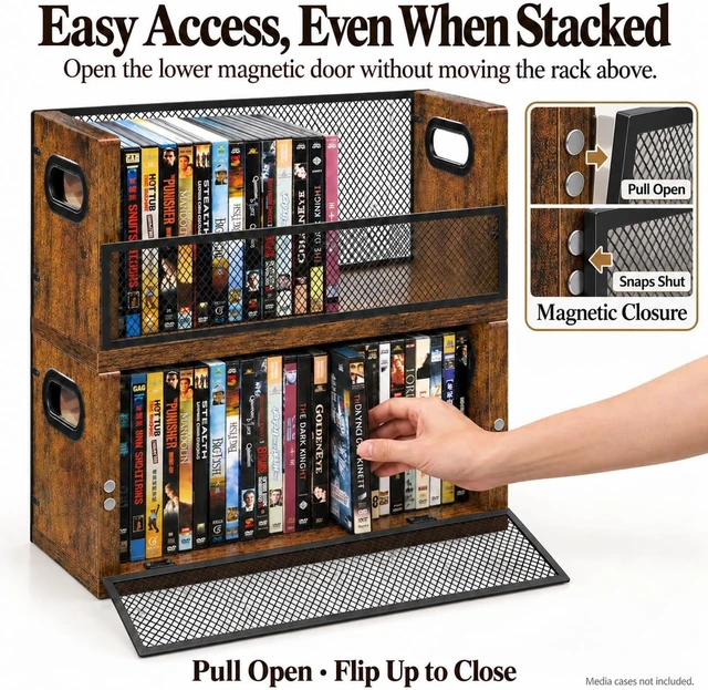 Alt view image 3 of 7 - DVD Blu ray Storage Rack, DVD Shelf Holds Up To 28 DVD Cases, Stackable Wood & Metal DVD Tower with Magnetic Opening Door for Easy Access, Desktop Organizer for CDs, Video Game, VHS Tapes Brown