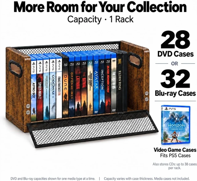 Alt view image 2 of 7 - DVD Blu ray Storage Rack, DVD Shelf Holds Up To 28 DVD Cases, Stackable Wood & Metal DVD Tower with Magnetic Opening Door for Easy Access, Desktop Organizer for CDs, Video Game, VHS Tapes Brown