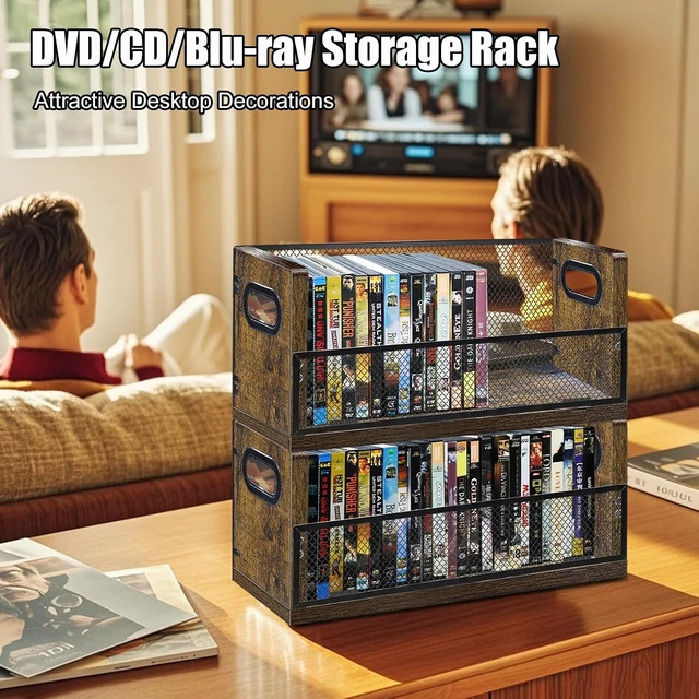 Alt view image 6 of 7 - DVD Blu ray Storage Rack, DVD Shelf Holds Up To 28 DVD Cases, Stackable Wood & Metal DVD Tower with Magnetic Opening Door for Easy Access, Desktop Organizer for CDs, Video Game, VHS Tapes Brown