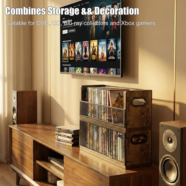 Alt view image 4 of 7 - DVD Blu ray Storage Rack, DVD Shelf Holds Up To 28 DVD Cases, Stackable Wood & Metal DVD Tower with Magnetic Opening Door for Easy Access, Desktop Organizer for CDs, Video Game, VHS Tapes Brown