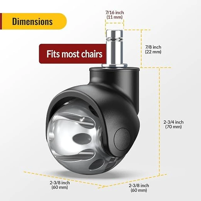 Alt view image 2 of 7 - Office Chair Wheels Replacement 11x22mm Universal Fit 2 Inch Rubber Heavy Duty Casters for Carpet Hardwood Floors Gaming Desk Chair Roller Wheels Set of 5 Grey Smooth & Silent