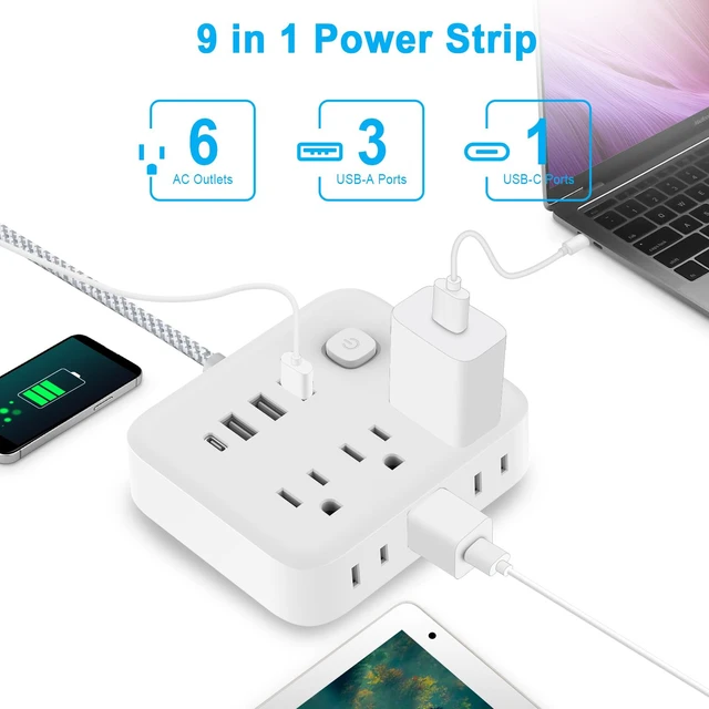 Alt view image 2 of 7 - Power Strip Surge Protector with USB,5 Feet Long Cord with 6 AC Outlets and 4 USB Charging Ports, Overload Protection Outlet Extender, Compact for Smartphone Tablets Home, Office, Hotel,900 Joules