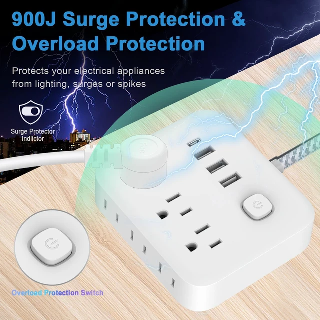 Alt view image 3 of 7 - Power Strip Surge Protector with USB,5 Feet Long Cord with 6 AC Outlets and 4 USB Charging Ports, Overload Protection Outlet Extender, Compact for Smartphone Tablets Home, Office, Hotel,900 Joules