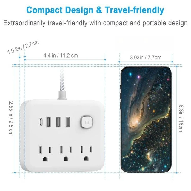 Alt view image 6 of 7 - Power Strip Surge Protector with USB,5 Feet Long Cord with 6 AC Outlets and 4 USB Charging Ports, Overload Protection Outlet Extender, Compact for Smartphone Tablets Home, Office, Hotel,900 Joules