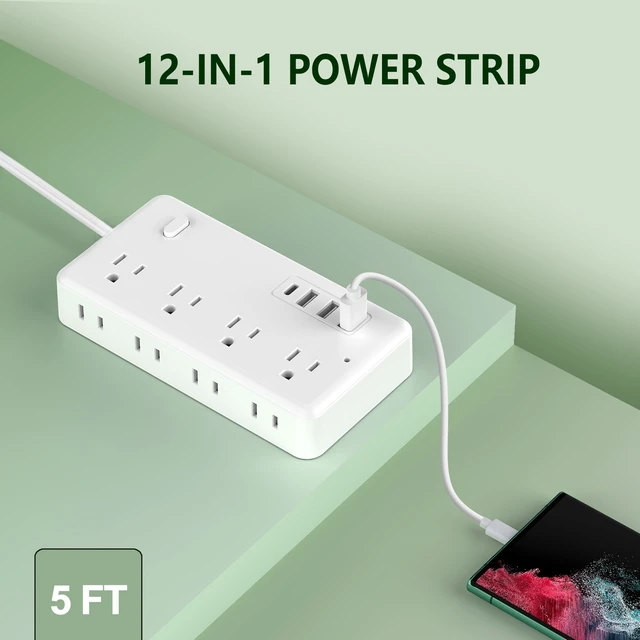 Alt view image 5 of 6 - Surge Protector Power Strip with 8 Widely Outlets & 4 USB Ports 3 Side Outlet Extender with 5 Feet Extension Cord, Flat Plug, for Home, Office, College Dorm Room Essentials