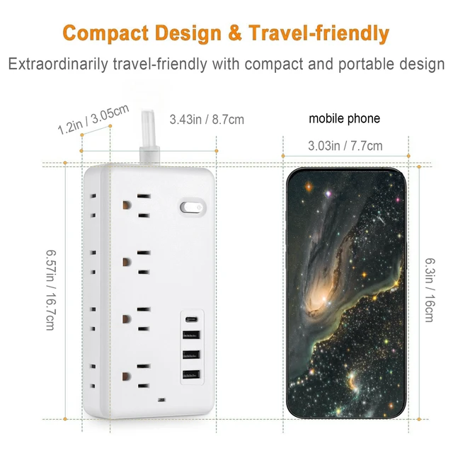 Alt view image 6 of 6 - Surge Protector Power Strip with 8 Widely Outlets & 4 USB Ports 3 Side Outlet Extender with 5 Feet Extension Cord, Flat Plug, for Home, Office, College Dorm Room Essentials