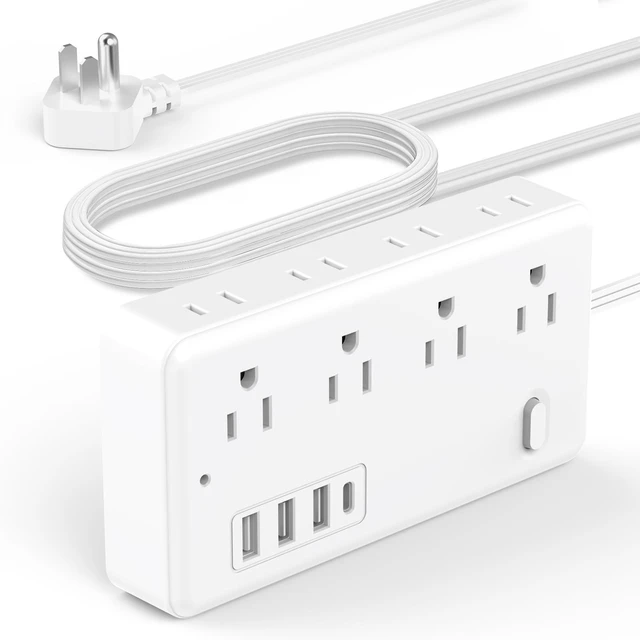 Main image of Flat Plug Power Strip with 5 FT Extension Cord, 8 Outlets 4 USB Ports(1 USB C),Extender for Home Office Travel Dorm Room Essentials, White