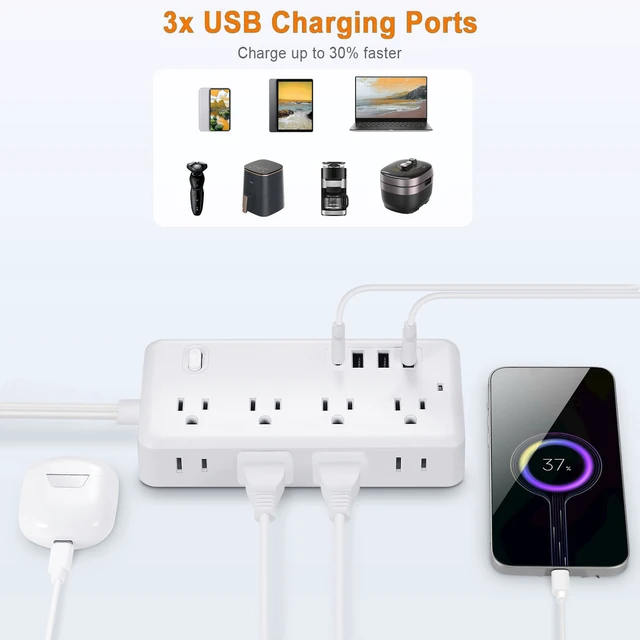 Alt view image 4 of 6 - Flat Plug Power Strip with 5 FT Extension Cord, 8 Outlets 4 USB Ports(1 USB C),Extender for Home Office Travel Dorm Room Essentials, White