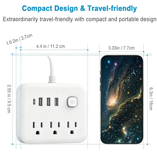 Alt view image 6 of 7 - Power Strip Surge Protector with USB,10 Feet Long Cord with 6 AC Outlets and 4 USB Charging Ports, Overload Protection Outlet Extender, Compact for Smartphone Tablets Home, Office, Hotel,900 Joules