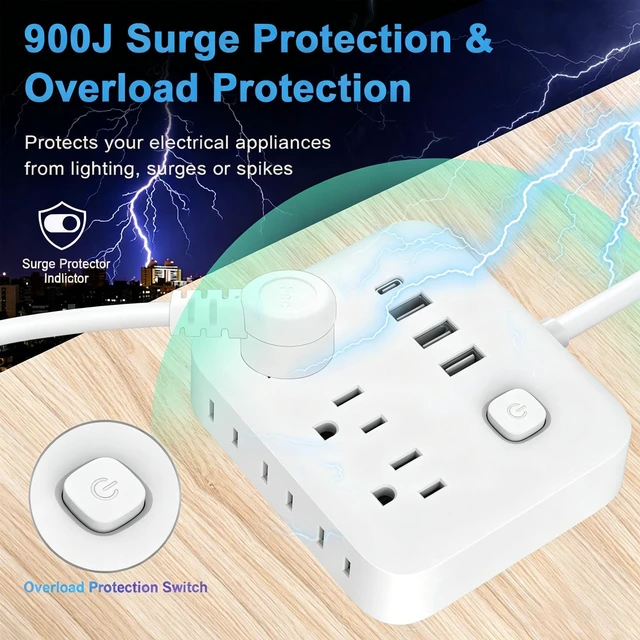Alt view image 3 of 7 - Power Strip Surge Protector with USB,10 Feet Long Cord with 6 AC Outlets and 4 USB Charging Ports, Overload Protection Outlet Extender, Compact for Smartphone Tablets Home, Office, Hotel,900 Joules