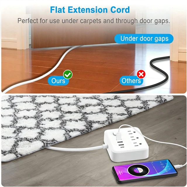 Alt view image 4 of 7 - Power Strip Surge Protector with USB,10 Feet Long Cord with 6 AC Outlets and 4 USB Charging Ports, Overload Protection Outlet Extender, Compact for Smartphone Tablets Home, Office, Hotel,900 Joules