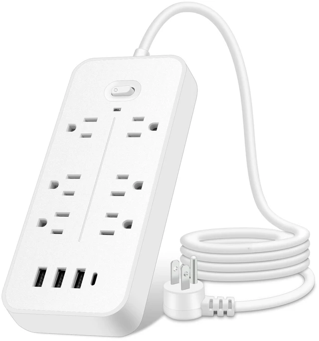 Main image of 5FT Flat Plug Power Strip Surge Protector, Multi Outlet Extender with 6 Sockets and 4 USB Ports Including USB-C, Wall Mount Safety Power Bar for Apartment, College Dorm & Workspace