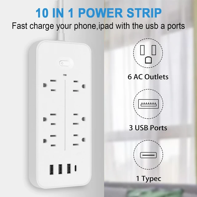 Alt view image 7 of 7 - 5FT Flat Plug Power Strip Surge Protector, Multi Outlet Extender with 6 Sockets and 4 USB Ports Including USB-C, Wall Mount Safety Power Bar for Apartment, College Dorm & Workspace