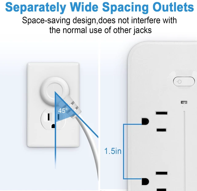Alt view image 6 of 7 - 5FT Flat Plug Power Strip Surge Protector, Multi Outlet Extender with 6 Sockets and 4 USB Ports Including USB-C, Wall Mount Safety Power Bar for Apartment, College Dorm & Workspace