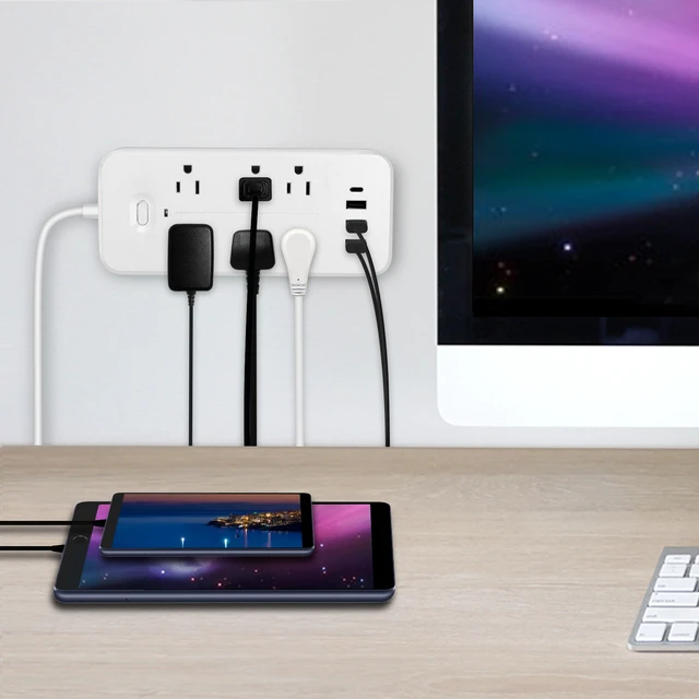 Alt view image 2 of 7 - 5FT Flat Plug Power Strip Surge Protector, Multi Outlet Extender with 6 Sockets and 4 USB Ports Including USB-C, Wall Mount Safety Power Bar for Apartment, College Dorm & Workspace