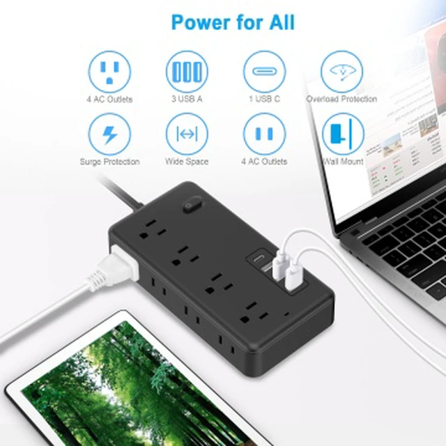 Alt view image 2 of 7 - 10 FT Surge Protector Power Strip, Extension Cord with 8 AC Outlets 3 USB (1 USB C) Ports, Flat Plug, Multi Outlet Wall Plug for Travel, College, Dorm Room Essentials.