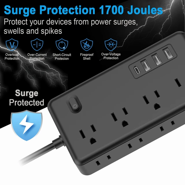 Alt view image 6 of 7 - 10 FT Surge Protector Power Strip, Extension Cord with 8 AC Outlets 3 USB (1 USB C) Ports, Flat Plug, Multi Outlet Wall Plug for Travel, College, Dorm Room Essentials.