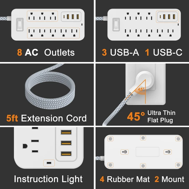 Alt view image 5 of 7 - Power Strip with 5 FT Extension Cord, 8 Outlets 4 USB Ports(1 USB C), USB Outlet Extender for Home Office Travel Dorm Room Essentials, White