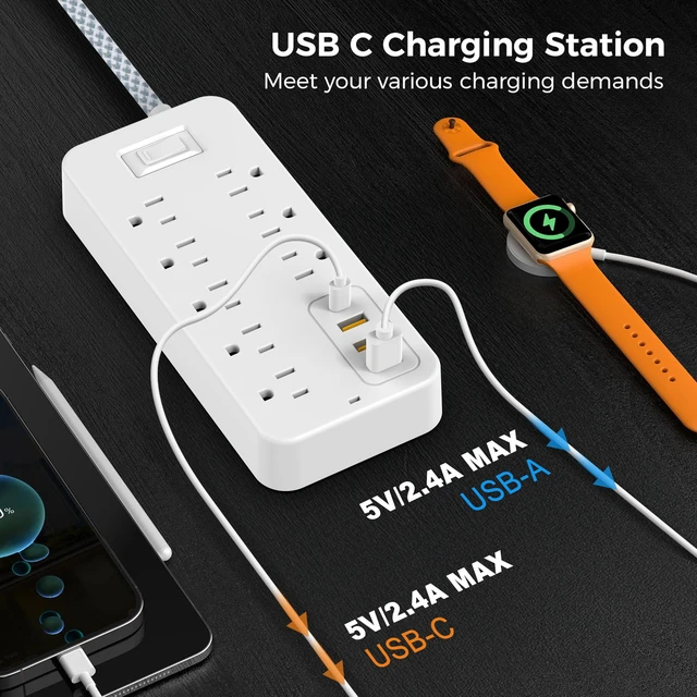 Alt view image 2 of 7 - Power Strip with 5 FT Extension Cord, 8 Outlets 4 USB Ports(1 USB C), USB Outlet Extender for Home Office Travel Dorm Room Essentials, White
