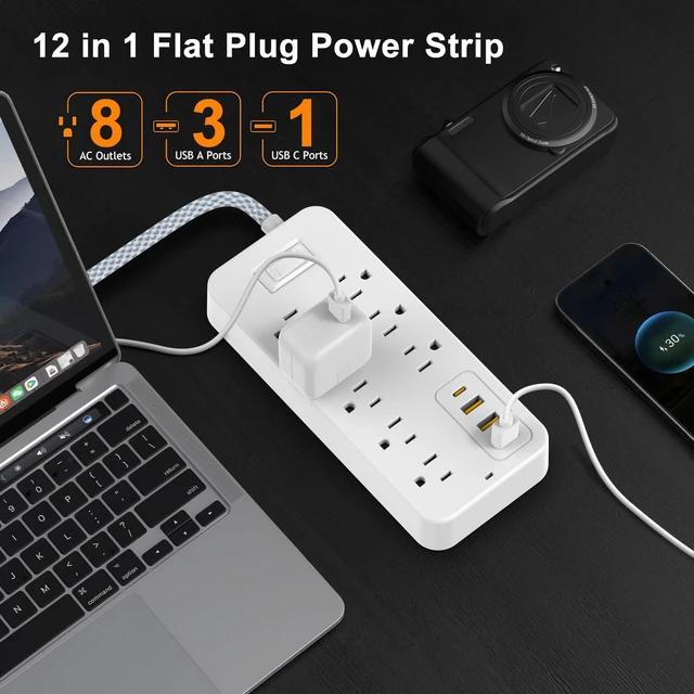 Alt view image 3 of 7 - Power Strip with 5 FT Extension Cord, 8 Outlets 4 USB Ports(1 USB C), USB Outlet Extender for Home Office Travel Dorm Room Essentials, White