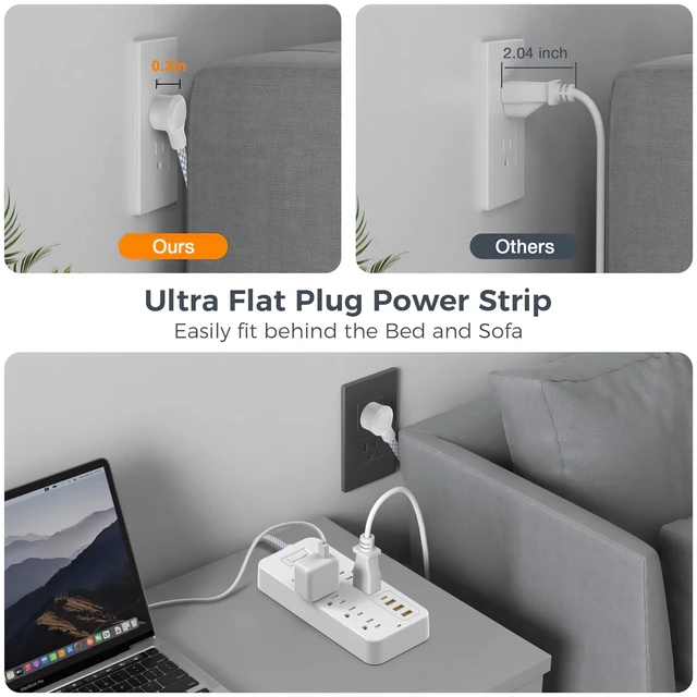 Alt view image 6 of 7 - Power Strip with 5 FT Extension Cord, 8 Outlets 4 USB Ports(1 USB C), USB Outlet Extender for Home Office Travel Dorm Room Essentials, White