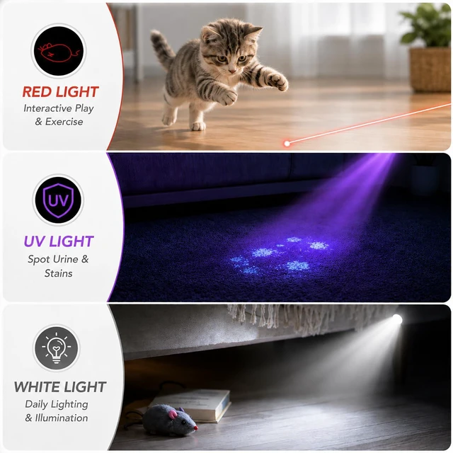 Alt view image 2 of 7 - 2 Pack Cat Laser Pointer Toys, USB Rechargeable Pet Teaser | 3 light modes, 5 fun patterns, USB-A charging, UV detection and flashlight in one stainless steel pet teaser.