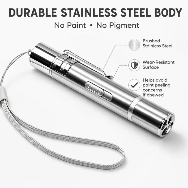 Alt view image 7 of 7 - 2 Pack Cat Laser Pointer Toys, USB Rechargeable Pet Teaser | 3 light modes, 5 fun patterns, USB-A charging, UV detection and flashlight in one stainless steel pet teaser.