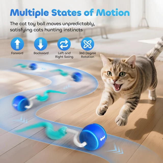 Alt view image 2 of 7 - Interactive Cat Toy Ball for Indoor Cats with 3-Mode Touch Activated | Tangle-Free Tail, Rechargeable, 2 Tails, 6-8H Play Automatic Moving Cat Toy, Smart Rolling Ball for Indoor Cats to Chase Play