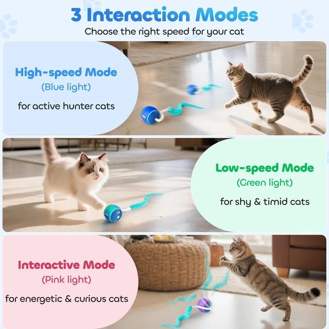 Alt view image 3 of 7 - Interactive Cat Toy Ball for Indoor Cats with 3-Mode Touch Activated | Tangle-Free Tail, Rechargeable, 2 Tails, 6-8H Play Automatic Moving Cat Toy, Smart Rolling Ball for Indoor Cats to Chase Play