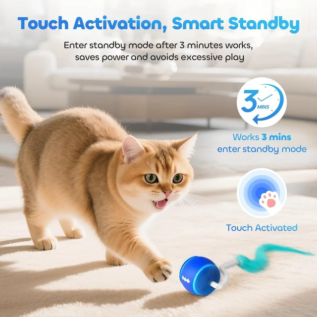 Alt view image 4 of 7 - Interactive Cat Toy Ball for Indoor Cats with 3-Mode Touch Activated | Tangle-Free Tail, Rechargeable, 2 Tails, 6-8H Play Automatic Moving Cat Toy, Smart Rolling Ball for Indoor Cats to Chase Play