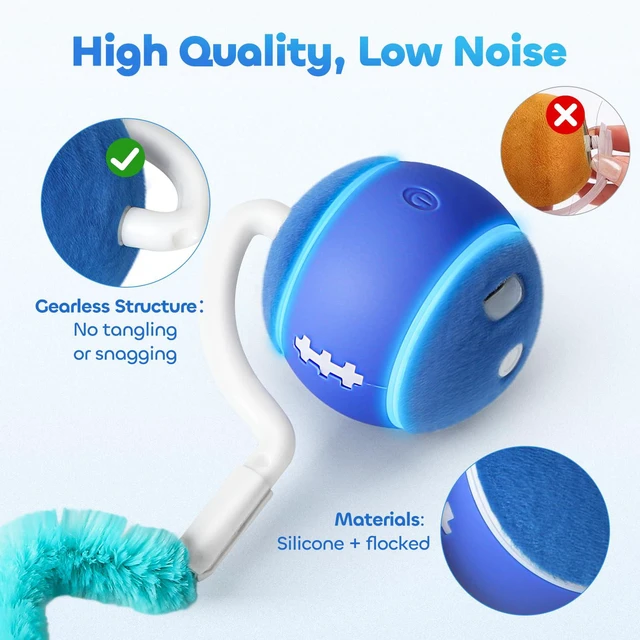Alt view image 6 of 7 - Interactive Cat Toy Ball for Indoor Cats with 3-Mode Touch Activated | Tangle-Free Tail, Rechargeable, 2 Tails, 6-8H Play Automatic Moving Cat Toy, Smart Rolling Ball for Indoor Cats to Chase Play