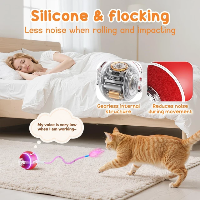 Alt view image 2 of 7 - Interactive Cat Toys for Indoor Cats,3 Modes Electric Moving Cat Ball with Feather Tail,800MAH Large Capacity & Low Noise,Automatic Kitten Toys for Bored Indoor Adult Cats