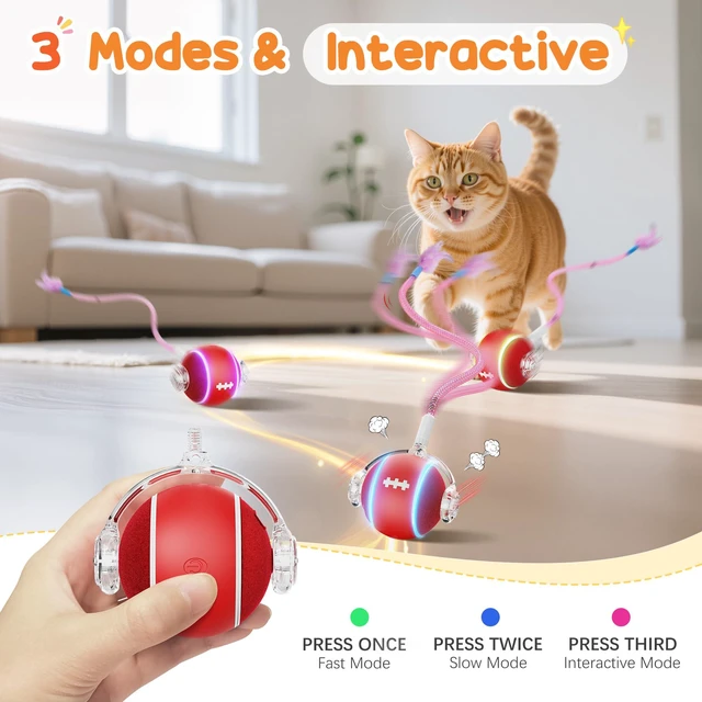 Alt view image 3 of 7 - Interactive Cat Toys for Indoor Cats,3 Modes Electric Moving Cat Ball with Feather Tail,800MAH Large Capacity & Low Noise,Automatic Kitten Toys for Bored Indoor Adult Cats