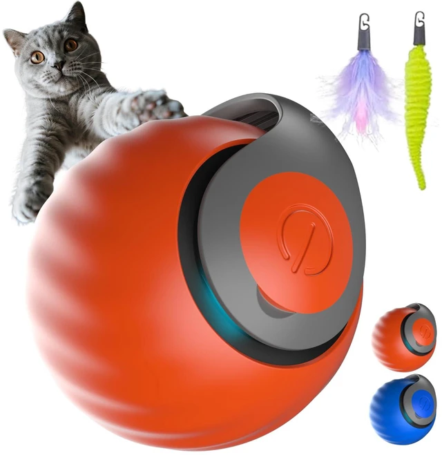 Main image of Interactive Cat Ball for Indoor Cats - Dual-Speed Automatic Rolling Ball Toy with 90Min Run Time, Plush + Feather Tails, Energetic Cat Chase Exercise, Blue/Orange, 1PC