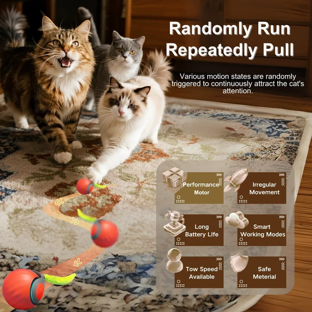 Alt view image 2 of 6 - Interactive Cat Ball for Indoor Cats - Dual-Speed Automatic Rolling Ball Toy with 90Min Run Time, Plush + Feather Tails, Energetic Cat Chase Exercise, Blue/Orange, 1PC