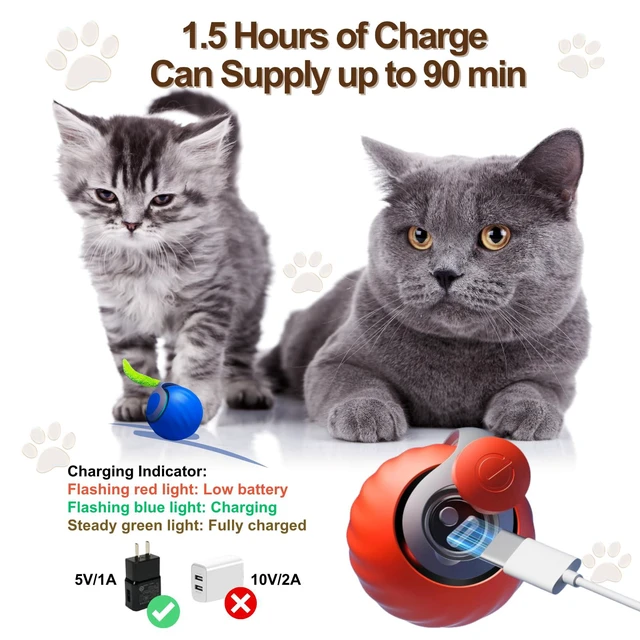 Alt view image 6 of 6 - Interactive Cat Ball for Indoor Cats - Dual-Speed Automatic Rolling Ball Toy with 90Min Run Time, Plush + Feather Tails, Energetic Cat Chase Exercise, Blue/Orange, 1PC