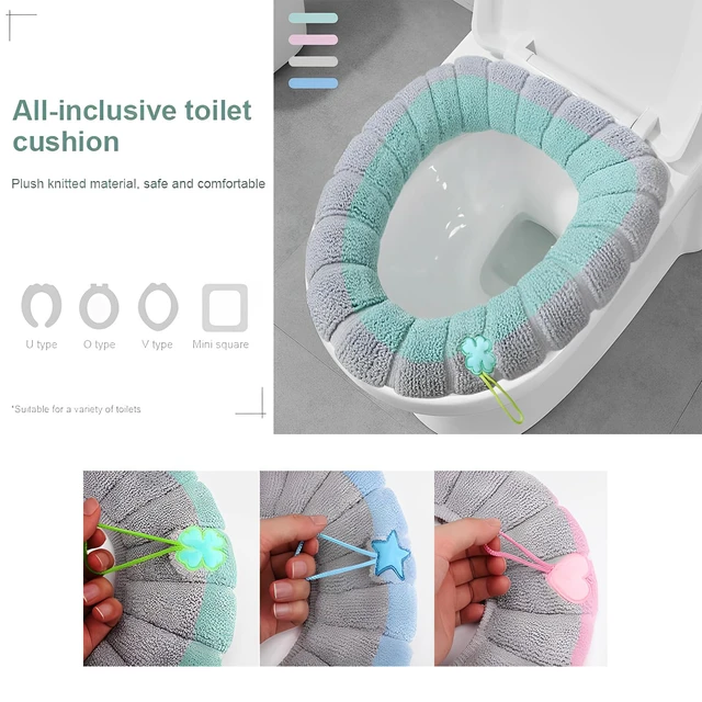 Alt view image 3 of 5 - Toilet Seat Pad Toilet Seat Covers with Handle Soft Bathroom Toilet Lid Cover Cushion Thicker Stretchable Washable Universal Size (Two-tone)