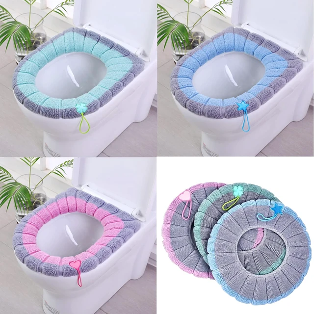 Alt view image 5 of 5 - Toilet Seat Pad Toilet Seat Covers with Handle Soft Bathroom Toilet Lid Cover Cushion Thicker Stretchable Washable Universal Size (Two-tone)